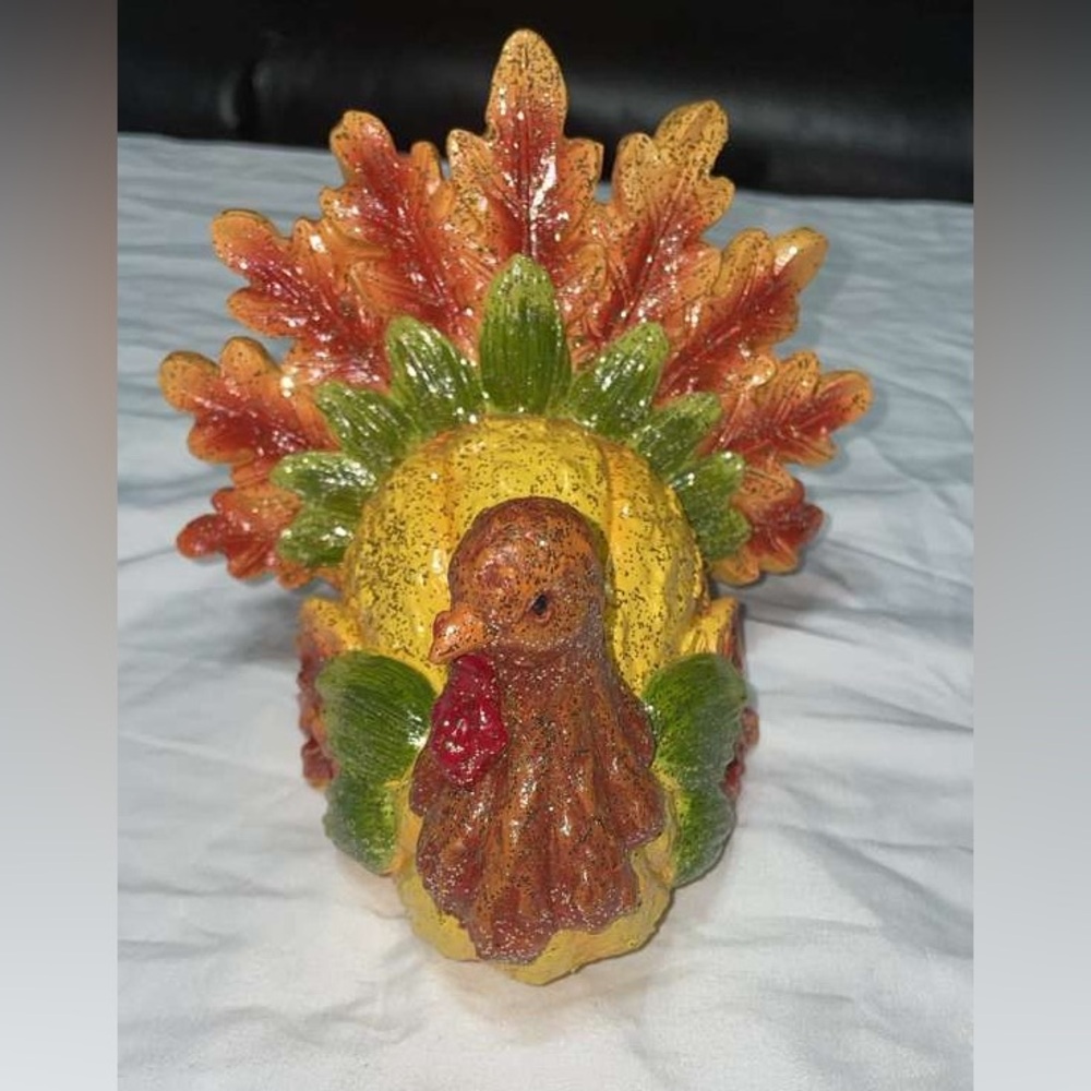 Festive Turkey Figurine with Autumn Leaves